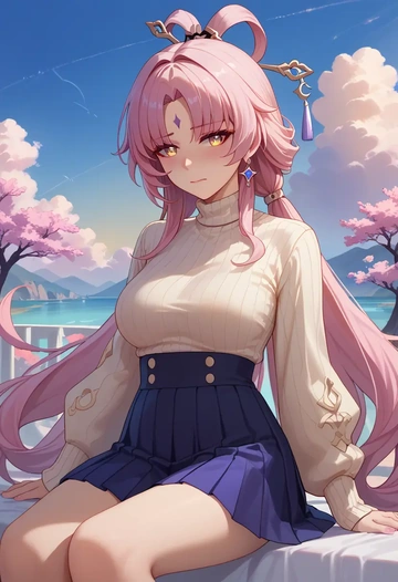 star rail,fu xuan,skirt,pleated,turtleneck sweater  - AI generated anime art